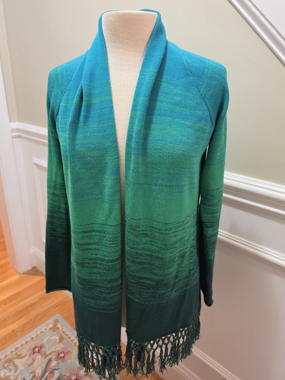 Lilly Pulitzer Teal to Emerald Gradient Open Front Cardigan with Fringe